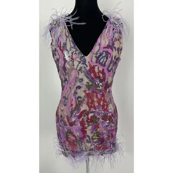 NWT Bella Barnett Loviy Purple Feather Sequin Mini Dress Size XL Cocktail Vegas - Picture 3 of 16